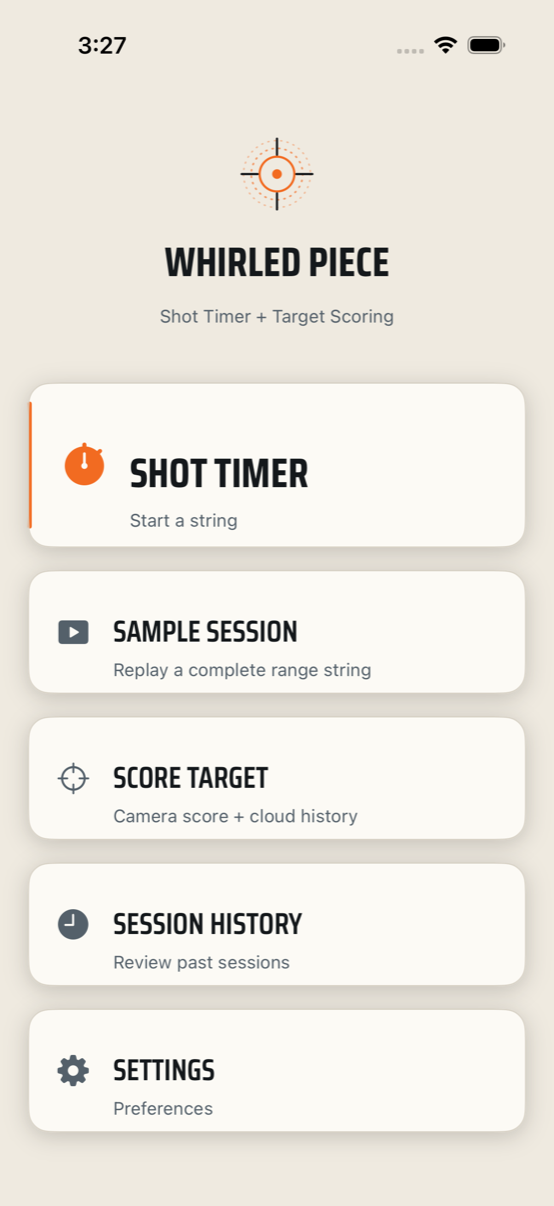 iPhone main menu with timer, sample session, target scoring, history and settings