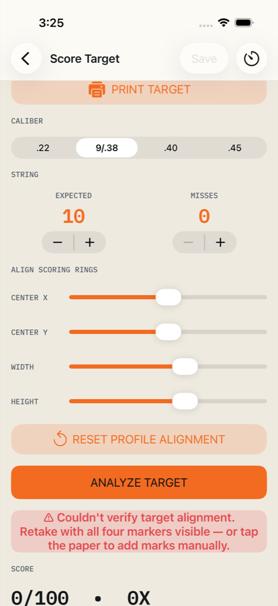 Earlier target-scoring screen showing an uncertain alignment and manual controls