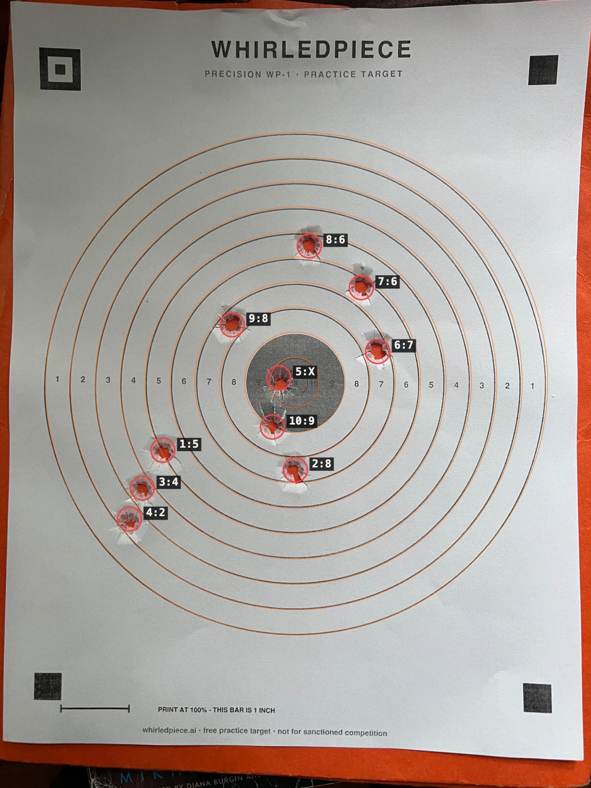 Marked WP-1 photo with numbered impact centers and ring values