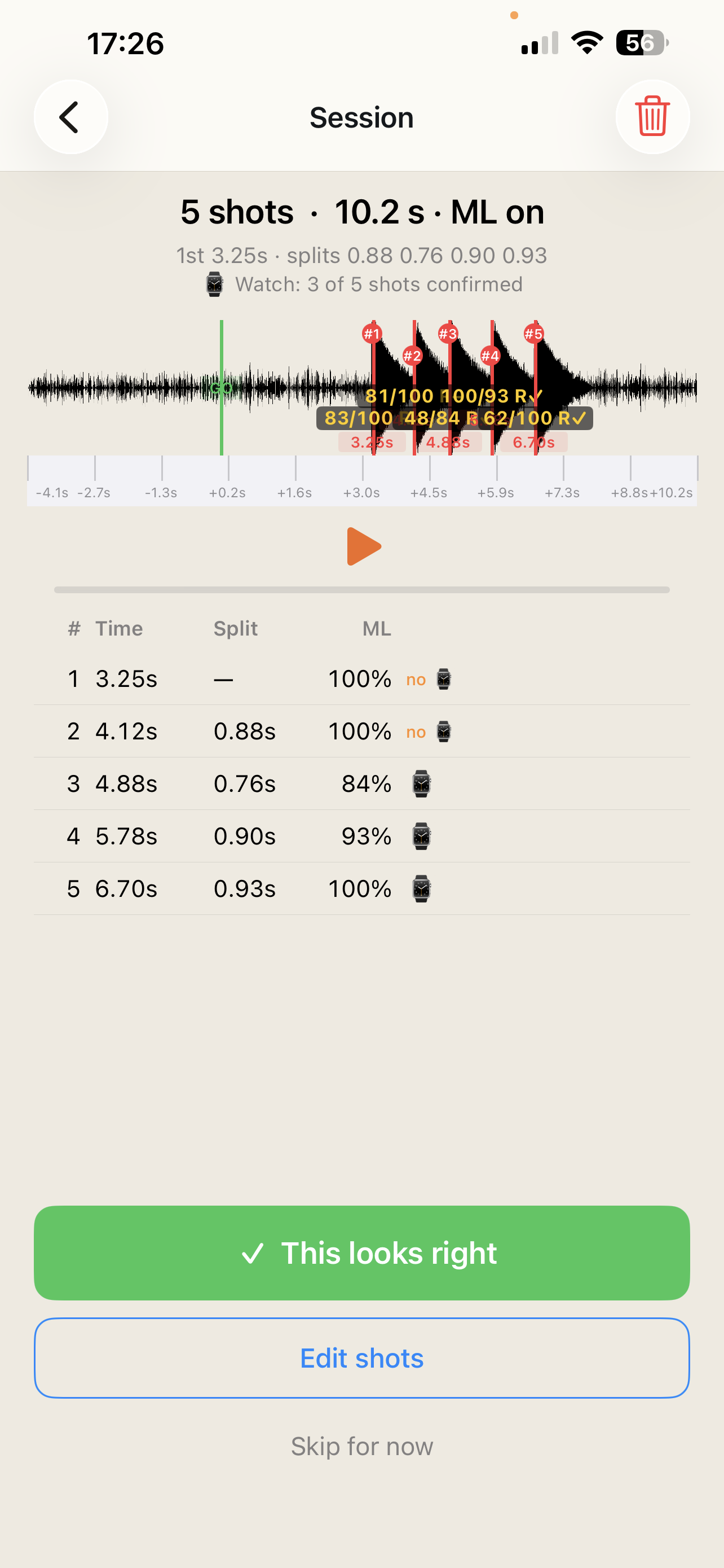 Recorded string with waveform markers and Watch recoil badges